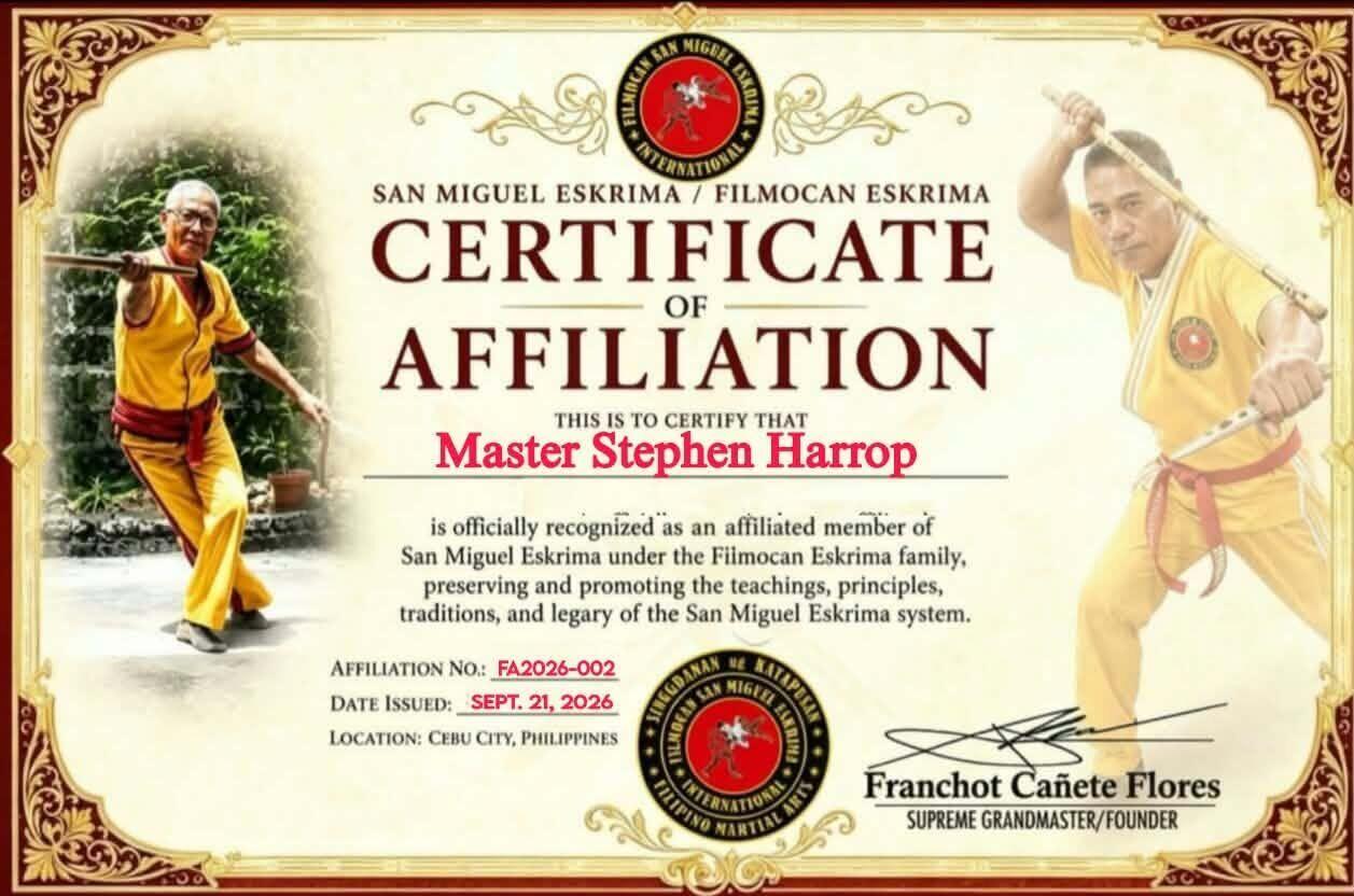 San Miguel Eskrima certificate of affiliation for Master Stephen Harrop
